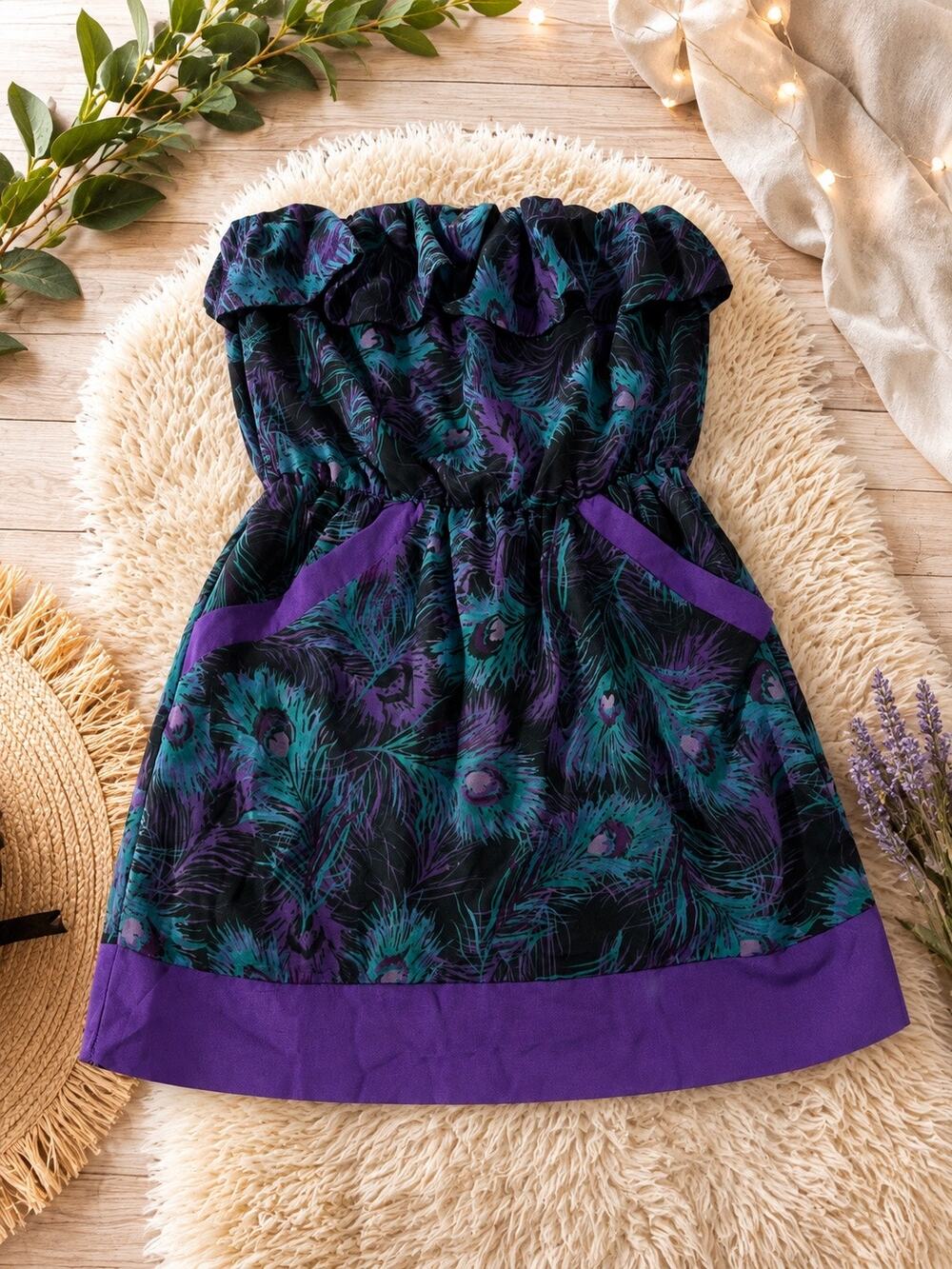 Dots Women’s M Strapless Peacock Feather Print Dress Purple Teal Y2K Party